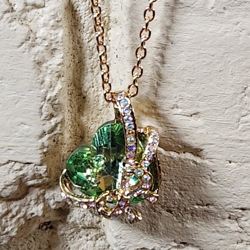 New Womens Green &  Clear Crystal Heart 18kt  Gold Necklace 20"